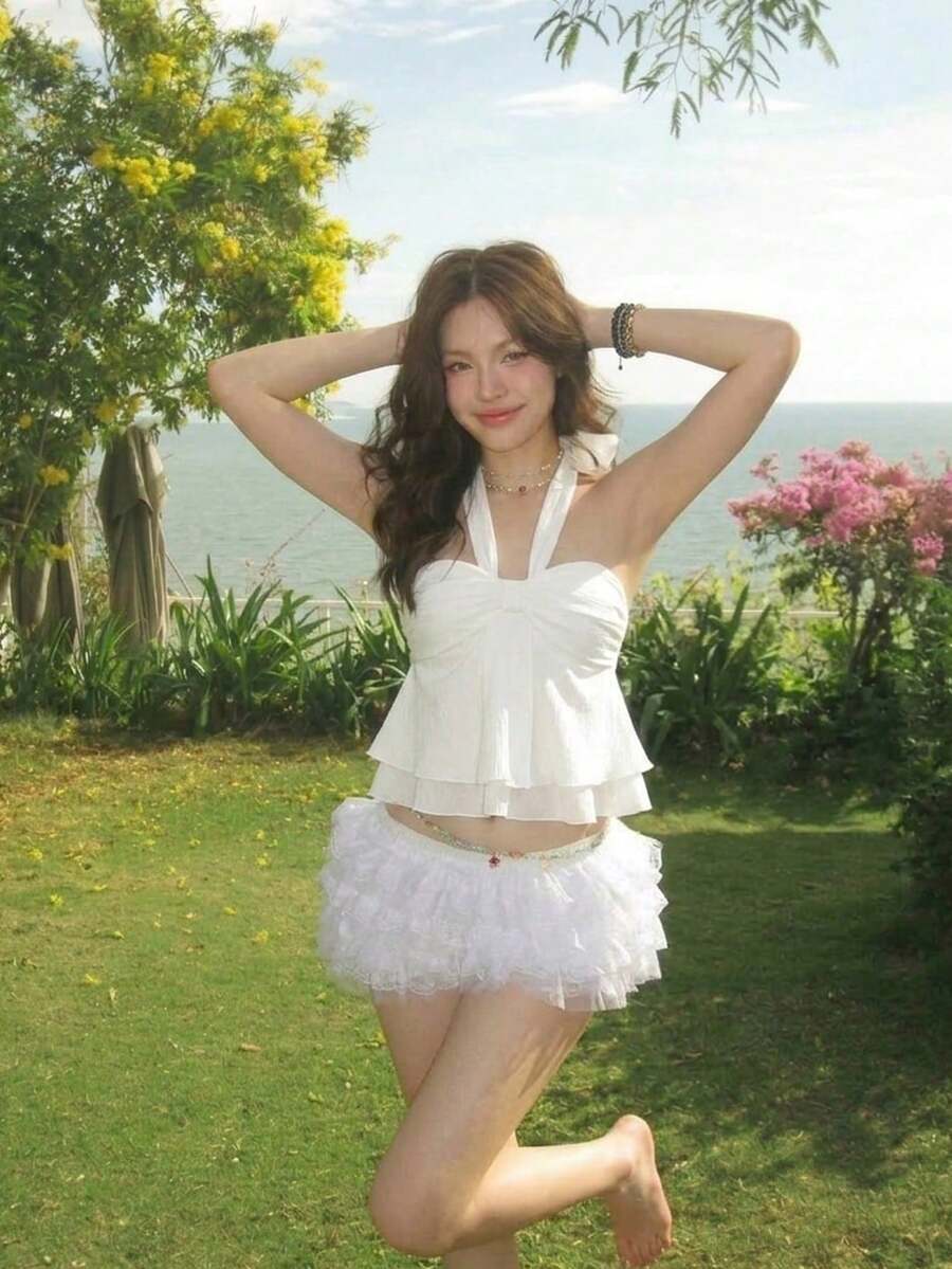 MOD Top de tirantes con volantes y pliegues de color rosa dulce para mujer, top corto de verano - Blanco - Ver 1