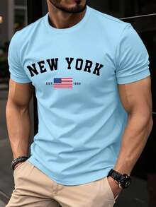 NEOREFINED Men's Casual T-Shirt With American Flag Print And Lettering, For Summer - Baby Blue - View 1
