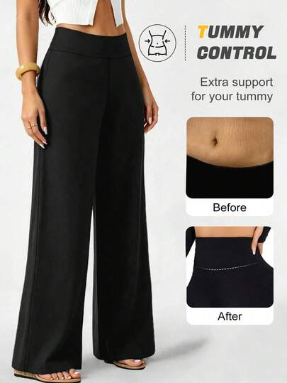 Women's High Waist Straight Leg Pants - Medium Stretch Fabric, Solid Color Office & Casual Wide Leg Trousers, Suitable For Spring, Summer, Autumn, Elegant & Comfortable, Spring Casual Wear, Wide Leg Design Black Sports