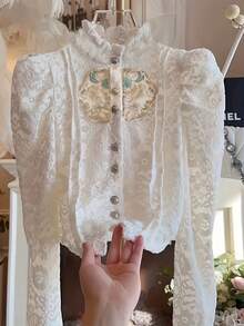 Women's French Vintage Lace Blouse - White - View 1
