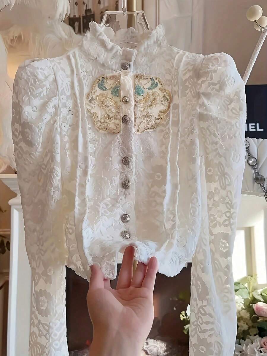 Women's French Vintage Lace Blouse - White - View 1