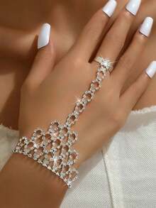 1pc Full Rhinestone Geometric Tassel Hand Chain Bracelet Ring Integrated Hand Jewelry For Women, Fashionable Luxury High-End - Silver - View 4