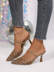 French Elegant Lace Breathable Pointed Toe Stiletto Heel Sandals Women's Outdoor Fairy Style Gentle Versatile Closed Toe High Heel Sandals - Khaki - View 3
