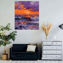 Cuadro abstracto moderno al óleo con atardecer y olas del océano, ideal para salas de estar, dormitorios, pasillos, estudios y oficinas. Esta obra de arte de alta calidad, pintada a mano en lienzo, presenta un gradiente de naranja y púrpura. - Enmarcado - Ver 5