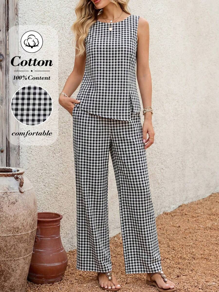 Conjunto de 2 piezas de chaleco y pantalones a cuadros casuales para mujer, de verano - Blanco y Negro - Ver 1