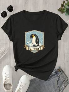 Camiseta de manga corta y cuello redondo para mujer con estampado de pingüinos que dice "¿Por qué?". Apta para todas las estaciones. - Negro - Ver 1