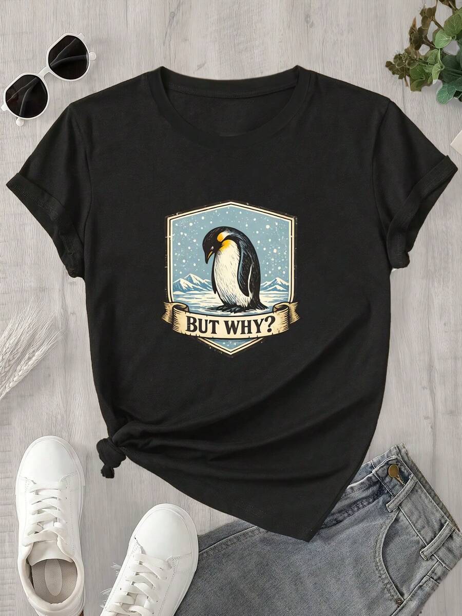 Camiseta de manga corta y cuello redondo para mujer con estampado de pingüinos que dice "¿Por qué?". Apta para todas las estaciones. - Negro - Ver 1