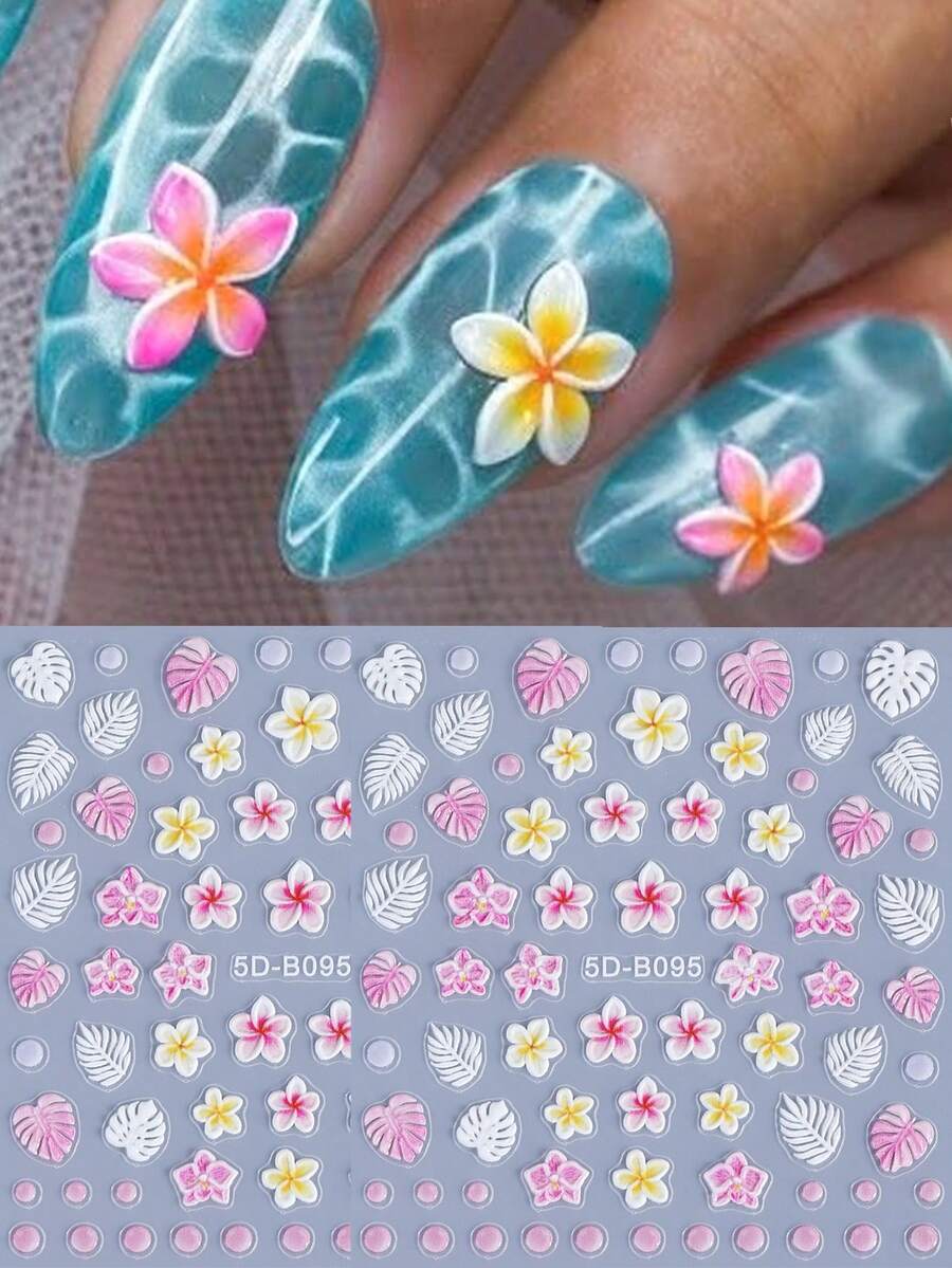 2片裝 5D 浮雕粉黃夏威夷花卉美甲貼紙 夏季雞蛋花與朱槿海灘美甲貼花 浮雕美甲裝飾 自黏式 DIY 美甲滑片 美甲沙龍用品配件 - 彩色 - 查看 1