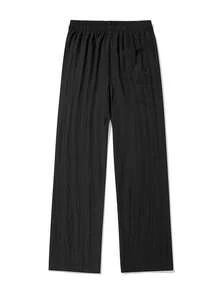 Pantalones largos casuales de lino de unicolor y estilo minimalista para hombre, pantalones rectos holgados para vacaciones en la playa y uso diario - Negro - Ver 4