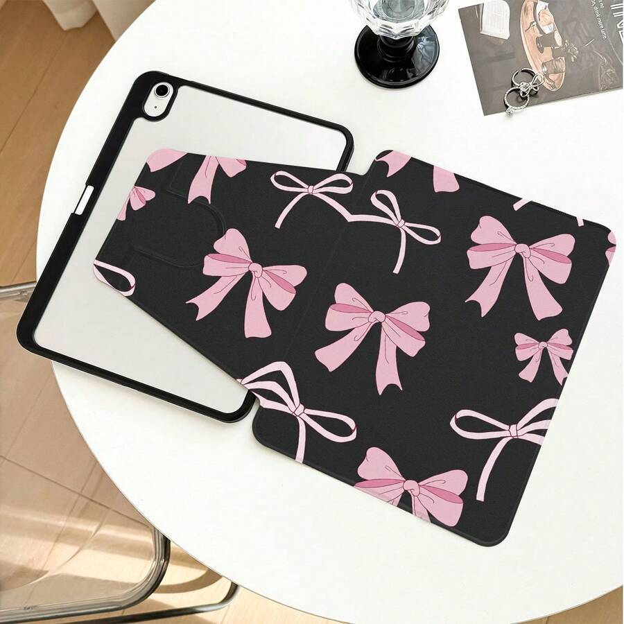 1件式翻蓋桌面保護殼,粉色蝴蝶結圖案,360°旋轉支架,內建筆槽,相容於 Honor 8/9/10/X8/X8A/X9/X8Pro/X9Pro、MatePad SE 11"/MatePad 11"/11.5"、MatePad Pro、Apple 10代/11代 2025 (A16) - 款式15 - 查看 1