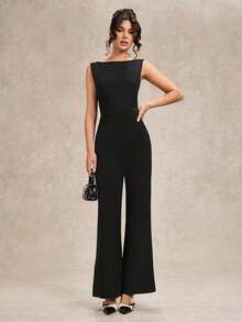 Mono sin mangas con espalda descubierta y lazo decorativo para mujeres, de pierna ancha - Elegante atuendo para salir, citas, fiestas - Mono asimétrico versátil - Negro - Ver 1