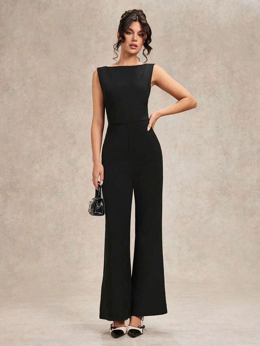 Mono sin mangas con espalda descubierta y lazo decorativo para mujeres, de pierna ancha - Elegante atuendo para salir, citas, fiestas - Mono asimétrico versátil - Negro - Ver 1