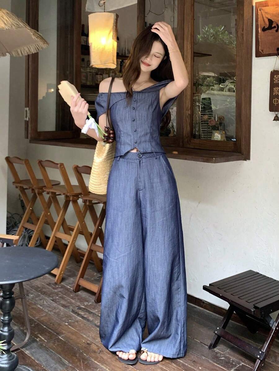 Conjunto de top hombros descubiertos y pantalones de pierna ancha de lino de moda para mujer - Azul - Ver 1