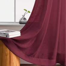 1 buah Tirai Tipis Tekstur Linen Merah Anggur, Warna Polos Sederhana untuk Ruang Tamu, Kamar Tidur, Jendela Teluk, Tirai Tipis Semi-Transparan - Burgundy - View 7