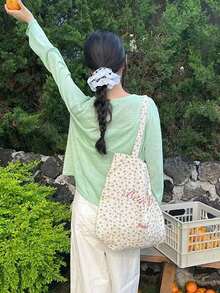 Korean Indie Design Ditsy Floral Tote Bag, Minimalist Fashionable Commuting & Daily Use Shoulder Bag - Multicolor - View 2