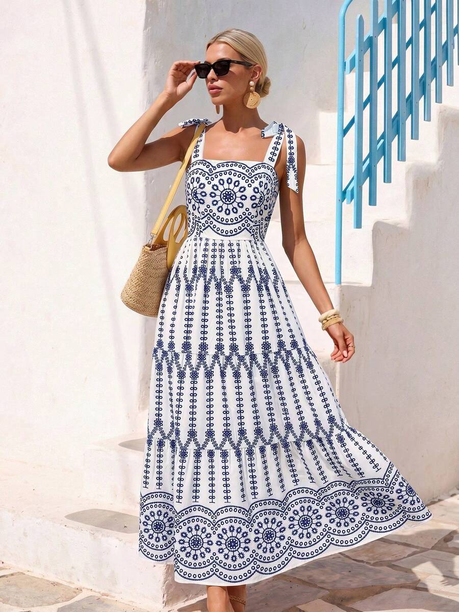 YkhahaYkhahaVivid Eden Vestido de tirantes finos con estampado tejido para mujeresYkhahaYkhaha - Azul y blanco 4 - Ver 1
