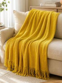 1pc Soft Knitted Blanket, Sofa Decor Knit Throw, Office Nap Blanket, Suitable For Daily Use - Finely Woven Chenille Yellow - View 4