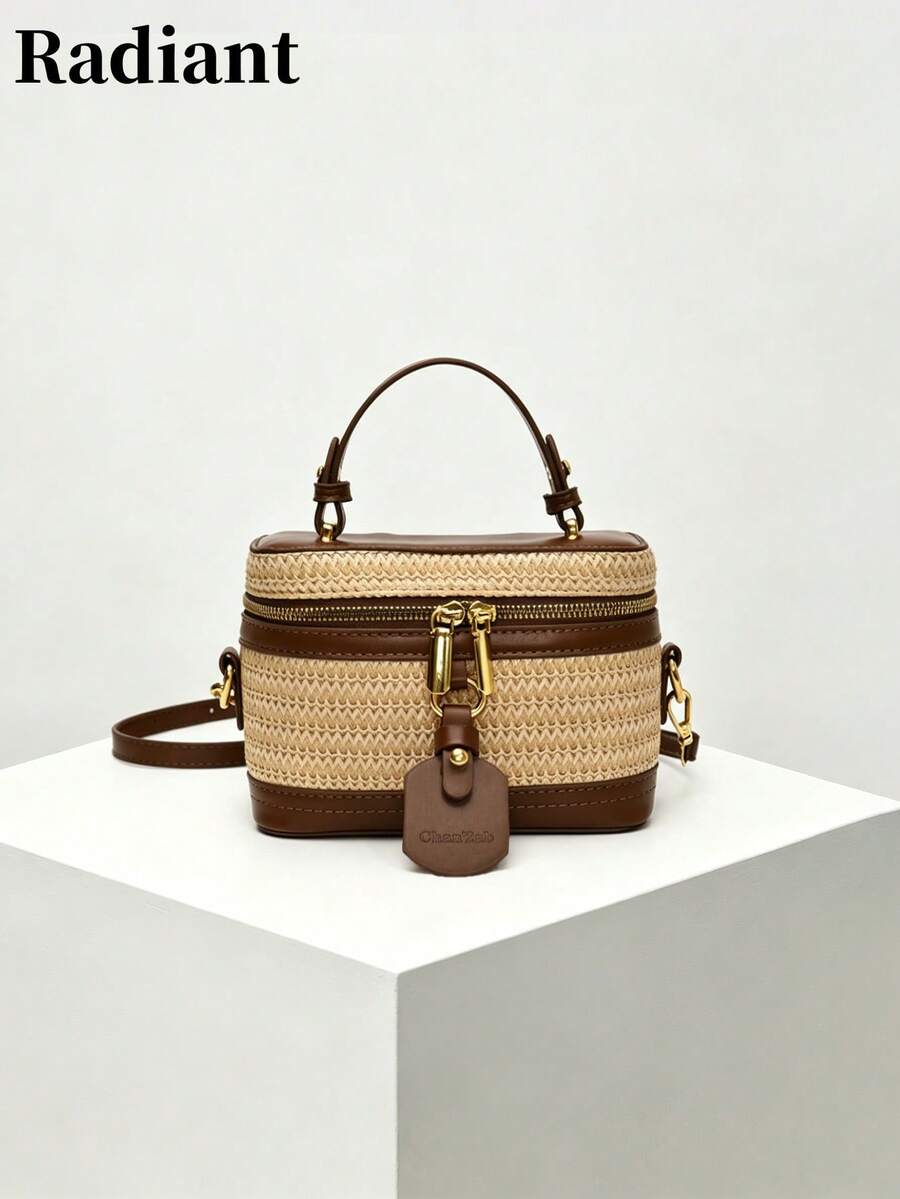 Bolso cuadrado de paja con patchwork retro para mujer, con asa superior y correa para el hombro, versátil para ir al trabajo, compras diarias, salidas, viajes a la playa y vacaciones