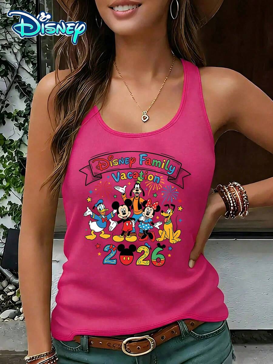 Disney Official Authorization | Women's Casual Round Neck Sleeveless Vest. With The Theme Of Disney Family Vacation In 2026, It Is Lively And Warm With Role Group Images And Festival Elements. It Is An Atmospheric Item For Parent-Child Travel And An Ideal Choice For Creating A Family Commemorative Look. - 玫紅色 - 查看 1