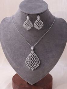 1 Set Elegante Conjunto de Aretes y Collar con Diseño de Gota de Agua de Circonita Brillante - conjunto de joyas para mujer - Ver 5