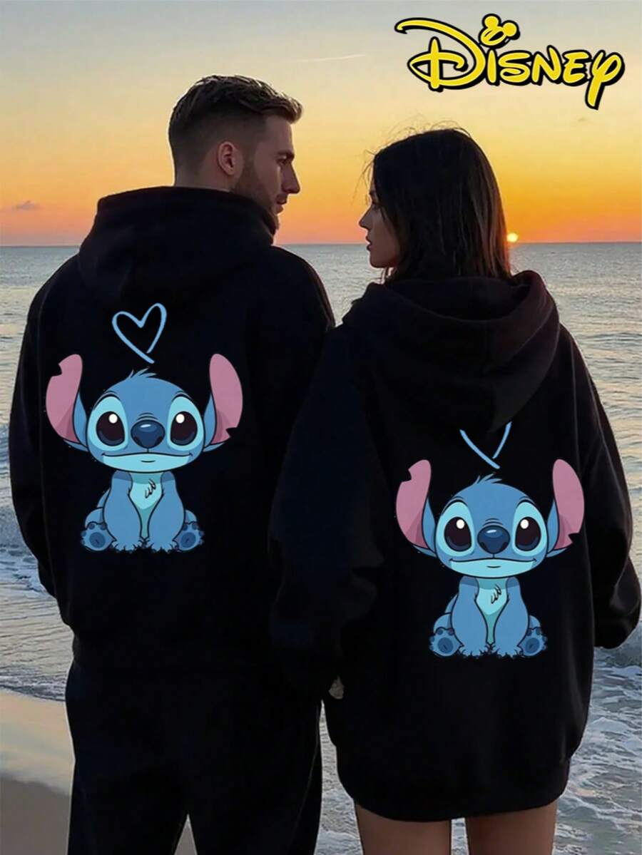 Couples Disney Lilo & Stitch Cute Stitch With Heart Print Hooded Sweatshirt, Casual Loose Streetwear Hoodie, Sold As Single Piece 1pcs - Men's Black - View 1