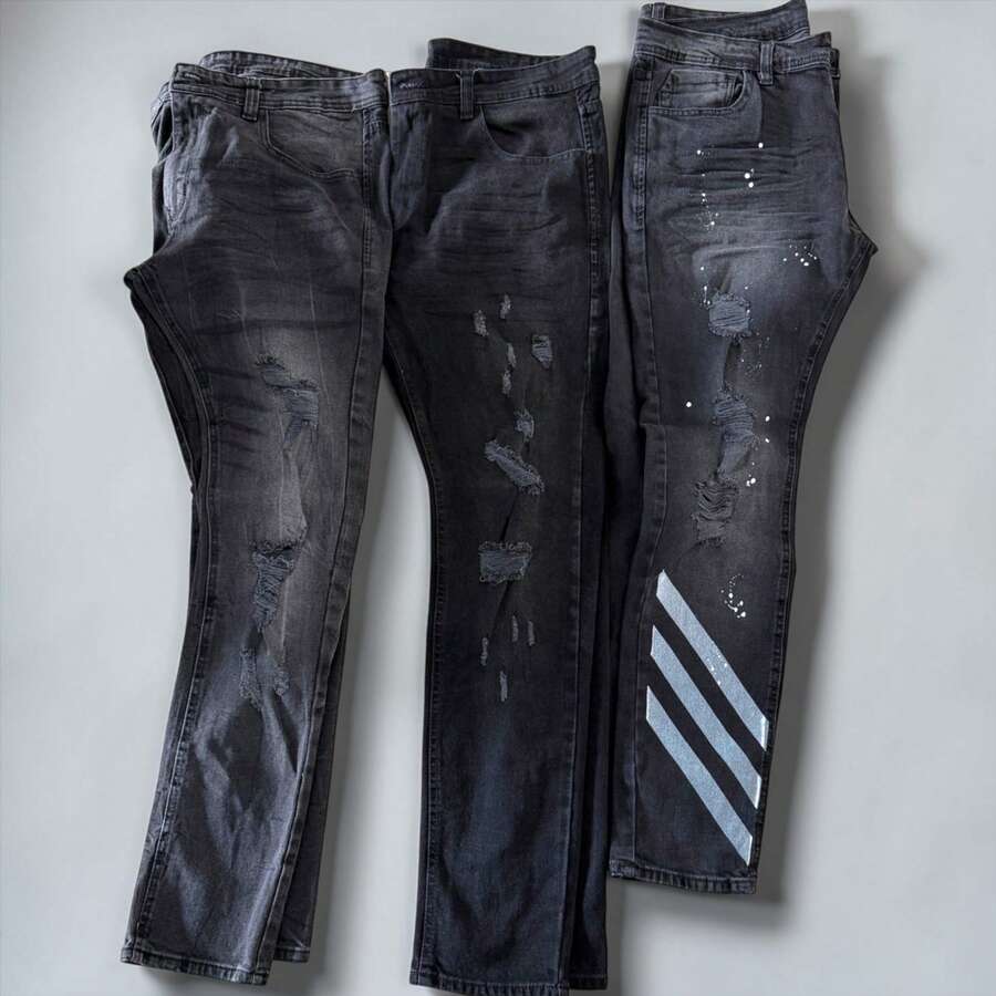 Men's City Denim Slim Fit Player Style Jeans, Black, Distressed With Rips And Paint Splatters – Slim Fit, Premium Thick Fabric - JO-04 - 查看 1