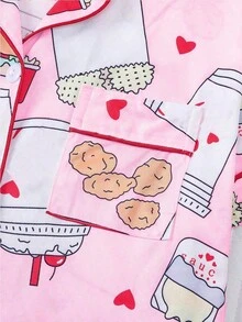 2-Piece Set - Women's Pink Burger, Cheese, And French Fry Printed Short Sleeved Shorts And Pajamas Set, With Pocket Button Design On The Top, Comfortable And Soft Skin Friendly Knitted Fabric Casual Wear, Suitable For Daily Home, Sleepwear Parties, Family, All Seasons - Hồng - Xem 7