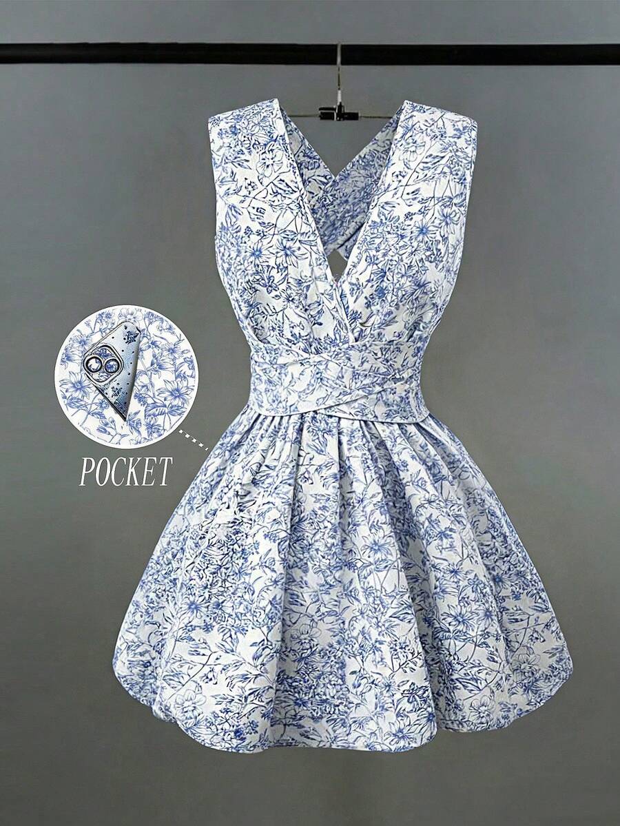 Vestido elegante romántico y sexy de mujer para invitada de boda, vestido mini de línea A con cuello en V cruzado, sin mangas, diseño versátil para playa, fiesta, primavera/verano con bolsillo, vestido de noche con espalda descubierta, color amarillo mantequilla corto - Azul y blanco - Ver 1