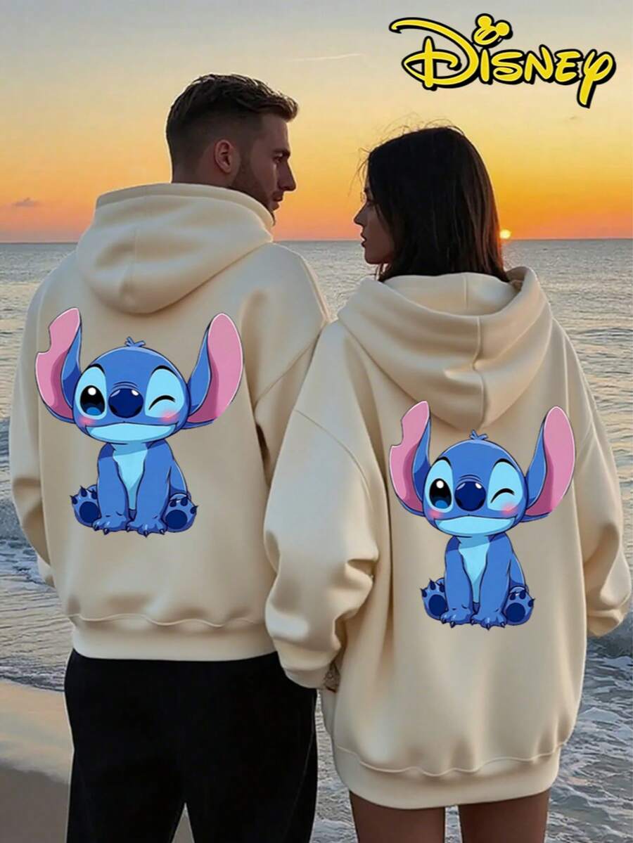 Couples Disney Lilo & Stitch Winking Stitch Print Hooded Sweatshirt, Casual Loose Streetwear Hoodie, Sold As Single Piece 1pcs - Women's Apricot - View 1