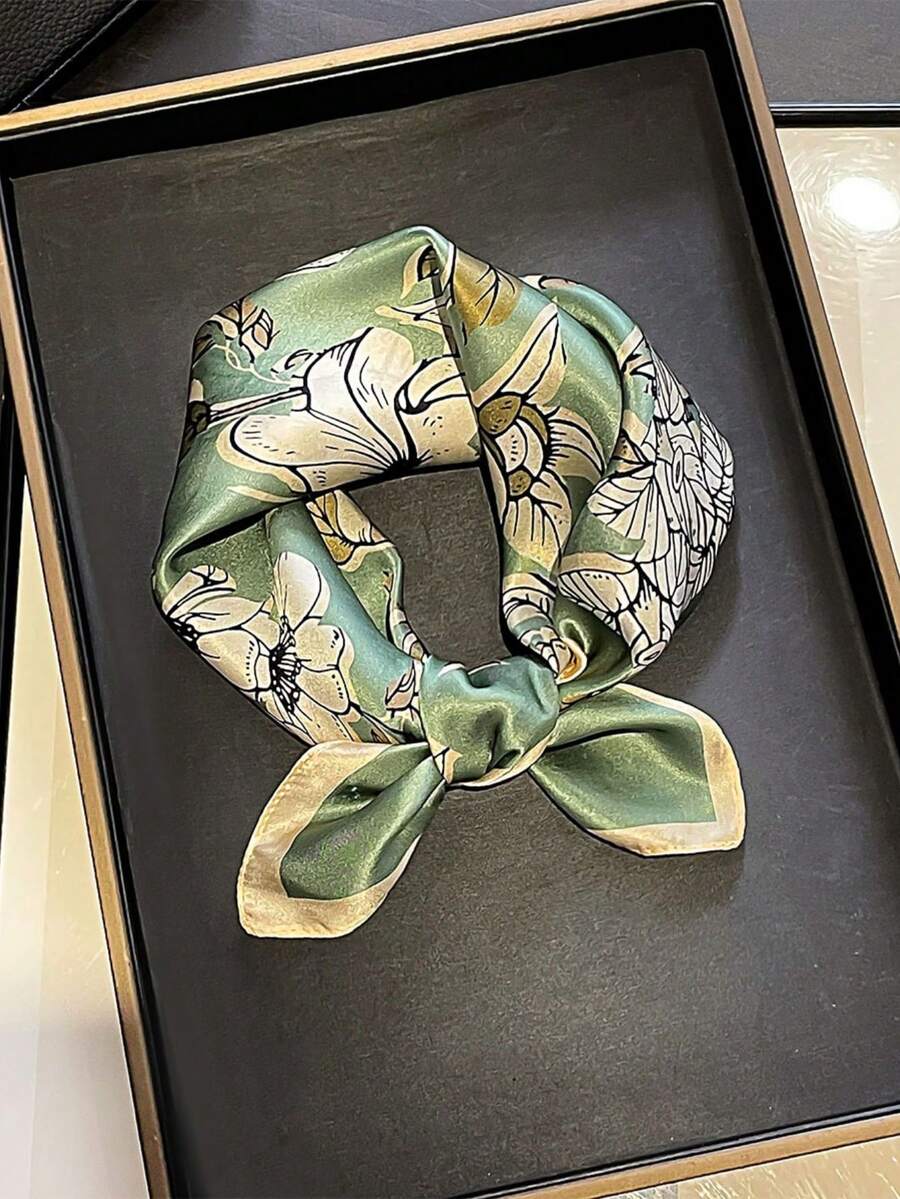 1件 53cm 100%真絲花卉印花絲巾,優雅緞面正方形絲巾,鼠尾草綠木蘭花圖案,溫柔頸巾、髮帶、辦公室絲巾 - 彩色 - 查看 1