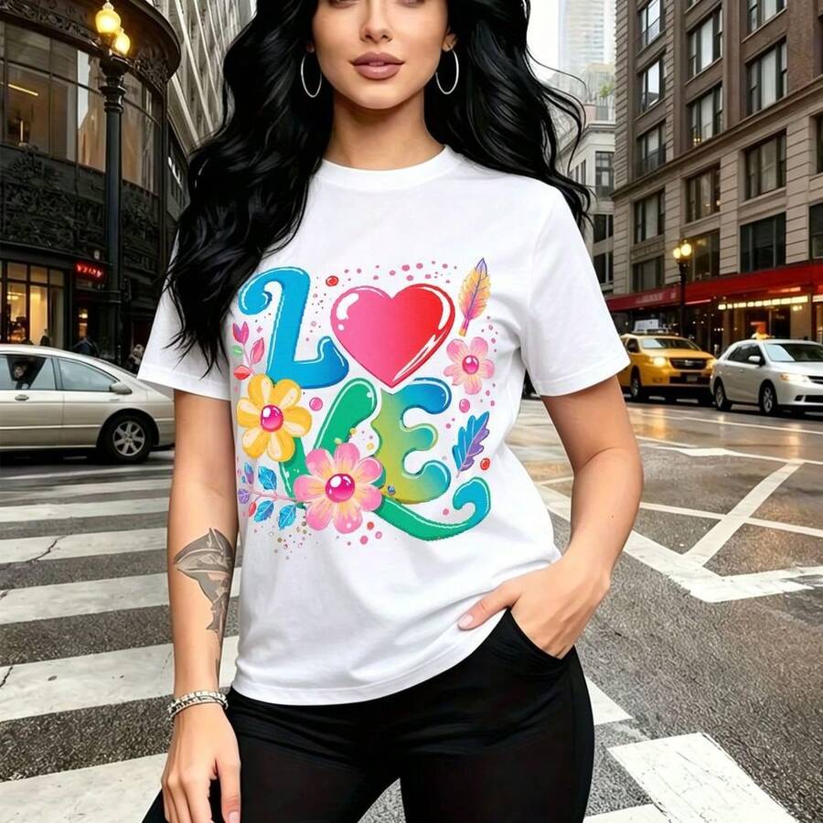 Camiseta de mujer con estampado gráfico vibrante de letras "LOVE" en colores arcoíris y flores - diseño urbano con corazón rosa, ajuste casual y cómodo, ideal para pasear por la ciudad o salir con amigas - regalo perfecto para mamá, esposa, novia, he - Blanco - Ver 1