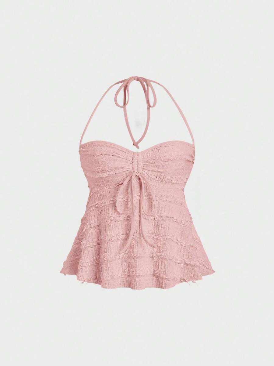 Parte superior de tirantes informal de unicolor con cordón y nudo delantero, verano - Rosa - Ver 1