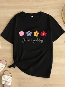 Camiseta de Mujer Manga Corta Cuello Redondo - Estampado Floral Colorido, Tejido Suave y Cómodo, Ajuste Holgado, Look Casual para Uso Diario, Regalo Perfecto para el Día de la Madre, Talla Grande - Negro - Ver 2