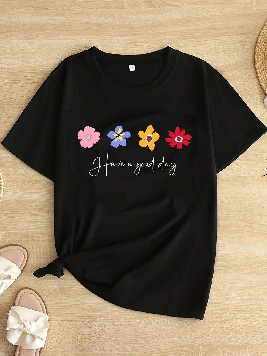 Camiseta de Mujer Manga Corta Cuello Redondo - Estampado Floral Colorido, Tejido Suave y Cómodo, Ajuste Holgado, Look Casual para Uso Diario, Regalo Perfecto para el Día de la Madre, Talla Grande