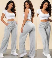 Women's Wide-Leg Pants, Woolen Pants, Winter/Cold Weather - 灰色 - 查看 2