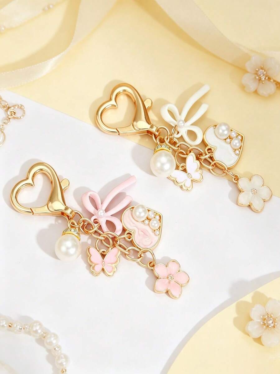 1pc Butterfly, Heart & Flower Faux Pearl Keychain, Versatile Bag Charm Pendant - Multicolor - View 1