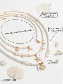 3pcs/Set Ocean Style Layered Necklace, White Beaded Faux Pearl Shell Starfish Fish Tail Pendant, Bohemian Vacation Style Layered Collarbone Chain, Suitable For Beach Vacation Outfits - Multicolor 1 - View 2