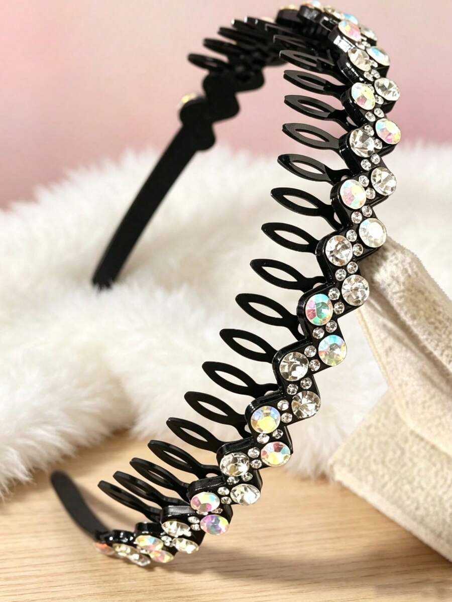 1 buah Bando Rambut Wanita Bergigi Panjang dengan Hiasan Kristal dan Berlian Imitasi - Hitam - View 1