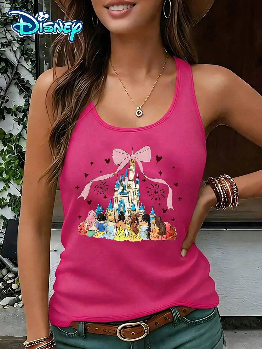 Disney Official Authorization | Women's Casual Round Neck Sleeveless Vest. Featuring Disney Castles And Princess Statues, Paired With Bow Ties And Fireworks Elements, It Is Both Dreamy And Healing. It Is An Atmospheric Item For Theme Park Travel And An Ideal Choice For Recording Fairy Tale Moments. - Màu Hồng Tươi - Xem 1