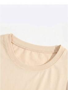 2pcs Women Casual Round Neck Short Sleeve T-Shirt And Shorts Set, Medium Stretch Fabric Summer - Apricot - View 6