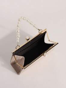1 pieza Bolso con cierre de beso de PU a rayas caqui, decoración con hebilla de perla, insignia con retrato de la reina al estilo del palacio francés, bolso de mano con asa de perla, bolso de vestido de noche, embrague de fiesta de alta gama - Caqui - Ver 10