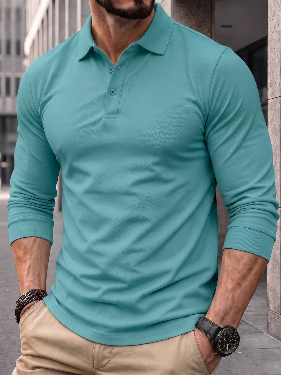 男士休閒寬鬆長袖 Polo 衫,輕量聚酯纖維,極簡商務休閒校園風 T-shirt - 綠色 - 查看 1