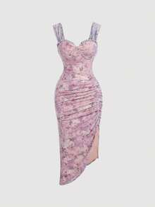 MOD Vestido con estampado floral, plisado, dobladillo asimétrico y abertura, vestidos en tonos pastel para mujer - Rosa - View 1