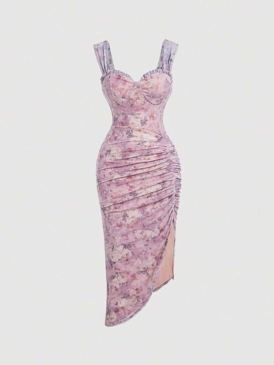MOD Vestido con estampado floral, plisado, dobladillo asimétrico y abertura, vestidos en tonos pastel para mujer - Rosa - View 1