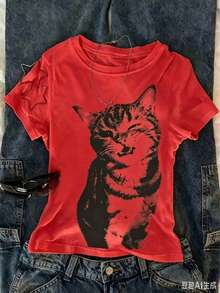 2026 Women's Sports T-Shirts, Short Sleeve Round Neck T-Shirt For Women, Printed, Breathable, Comfortable And Loose Fit, Full Season Fashion. - 紅色 - 查看 6