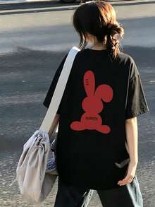 女款時尚夏季圓領寬鬆百搭簡約字母與兔子卡通短袖T恤休閒黑色 - 黑色 - 查看 3