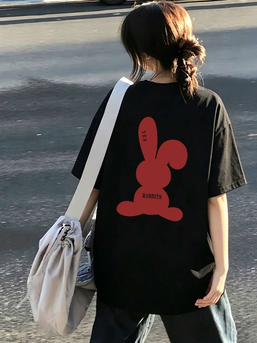 女款時尚夏季圓領寬鬆百搭簡約字母與兔子卡通短袖T恤休閒黑色 - 黑色 - 查看 1