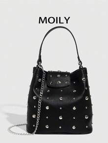 European And American Street Style One Shoulder Underarm Bucket Bag, Rivet Bag, Elegant Ladies Handbag - Black - View 7