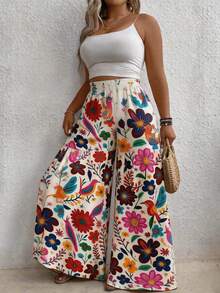 大码女式波西米亚风花鸟印花阔腿裤，时尚休闲女士阔腿裤，宽松长裤带口袋，适合海滩和度假穿着 - 彩色 - 查看 2