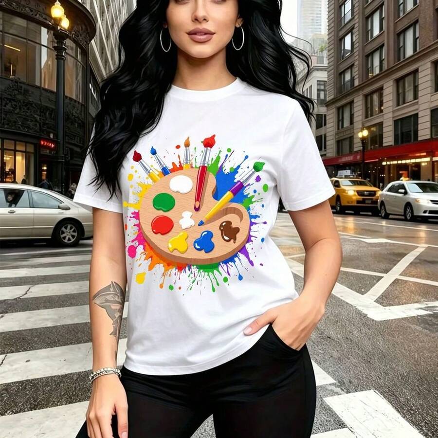Camiseta de mujer con estampado vibrante de paleta de pintor y colores artísticos - diseño creativo con pinceles y tubos de pintura, ajuste casual cómodo y elegante, estilo urbano para la ciudad - ideal para días soleados, salidas con amigas, compras - Blanco - Ver 1